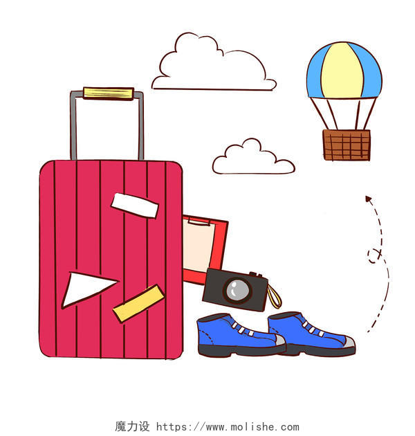 行李箱降落伞旅游元素矢量手绘风旅游旅行出游矢量PNG素材